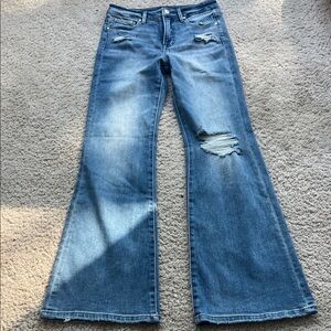 Mid-Blue Distressed Flare Jeans